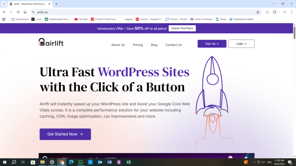 WordPress dashboard showing Airlift plugin installation process