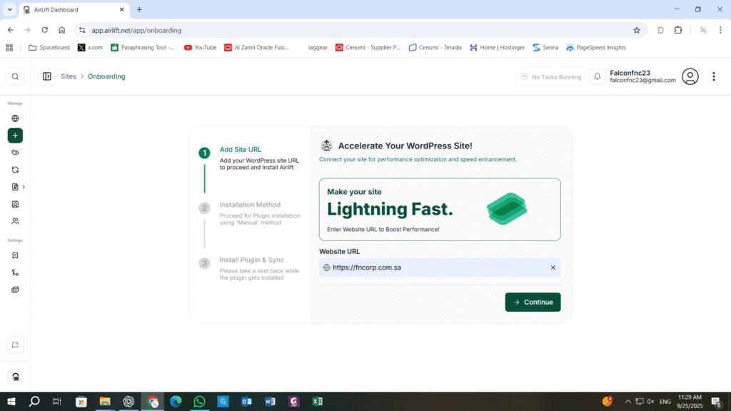 Airlift plugin setup wizard for website speed optimization
