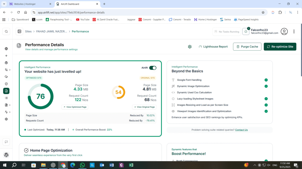 Final website speed test report showing Airlift plugin results