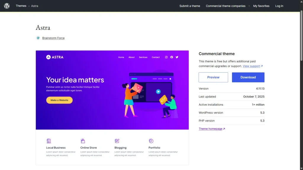 Screenshot of Astra theme homepage – best WordPress themes for blog in 2025