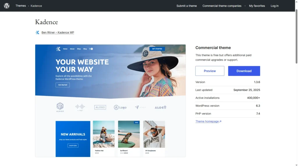 Kadence theme header and footer builder – best WordPress themes for blog in 2025