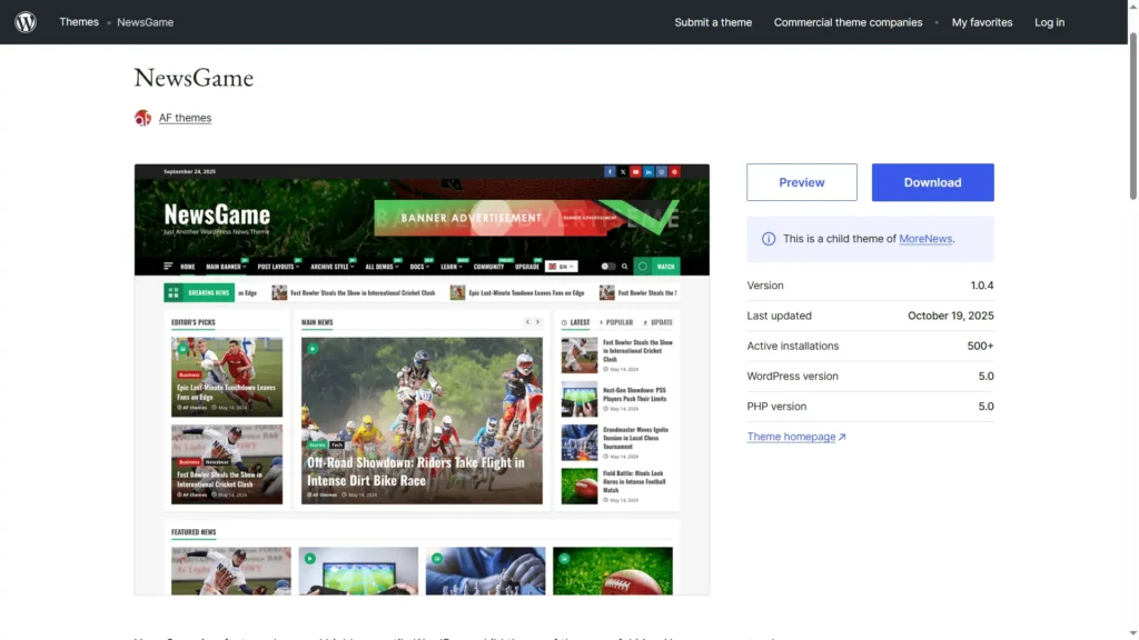 NewsGame theme dark mode news layout – best WordPress themes for blog in 2025