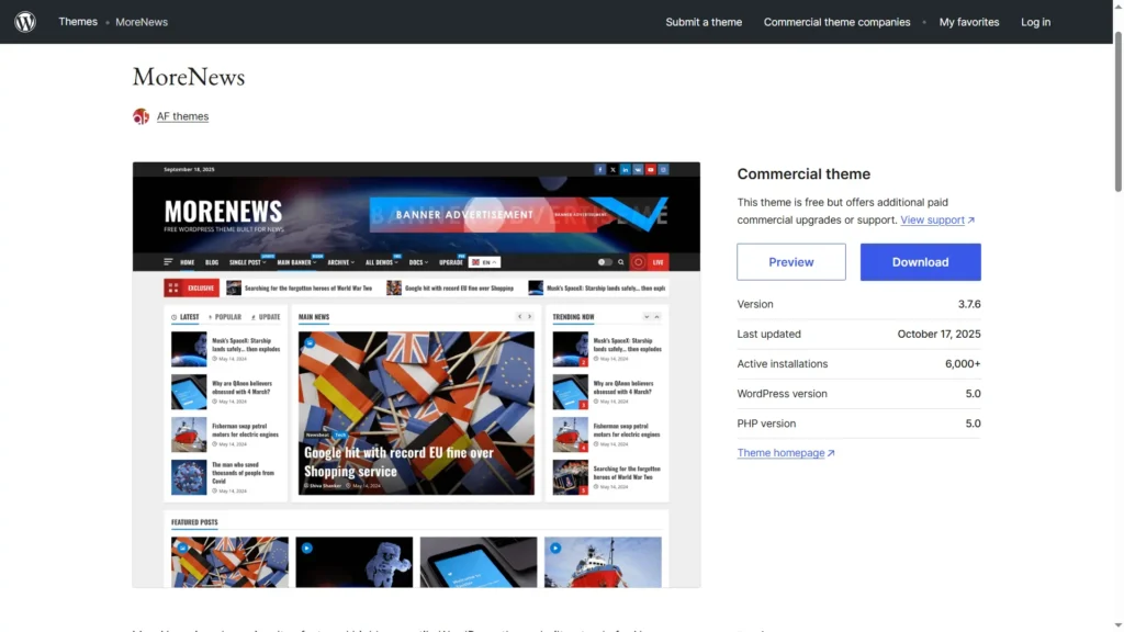 MoreNews theme dark mode news layout – best WordPress themes for blog in 2025