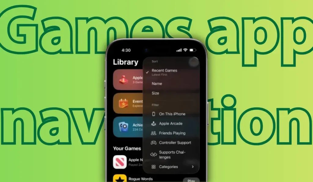 Games app interface showcasing new sorting and filters in iOS 26.2 beta 2 features