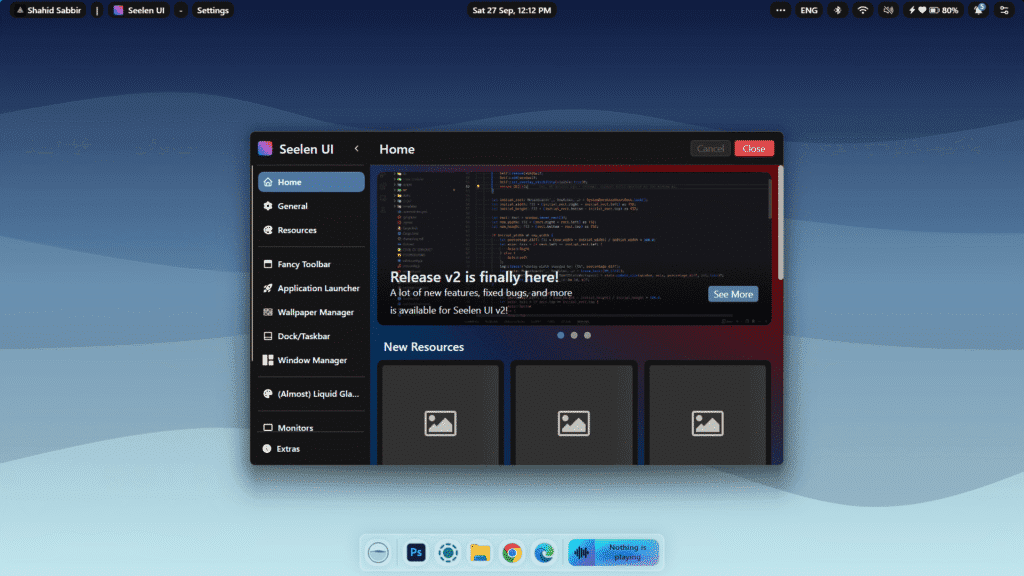 Seelen UI for Windows desktop showing tiling window manager and custom dock