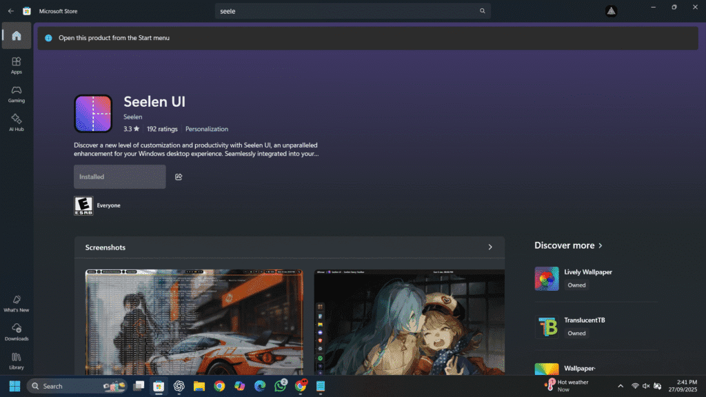 Seelen UI launcher with widgets and media controls on Windows desktop