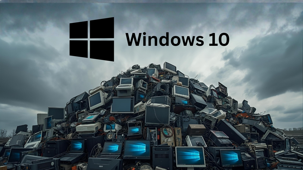 Old laptops stacked together representing Windows 10 end of life e-waste crisis