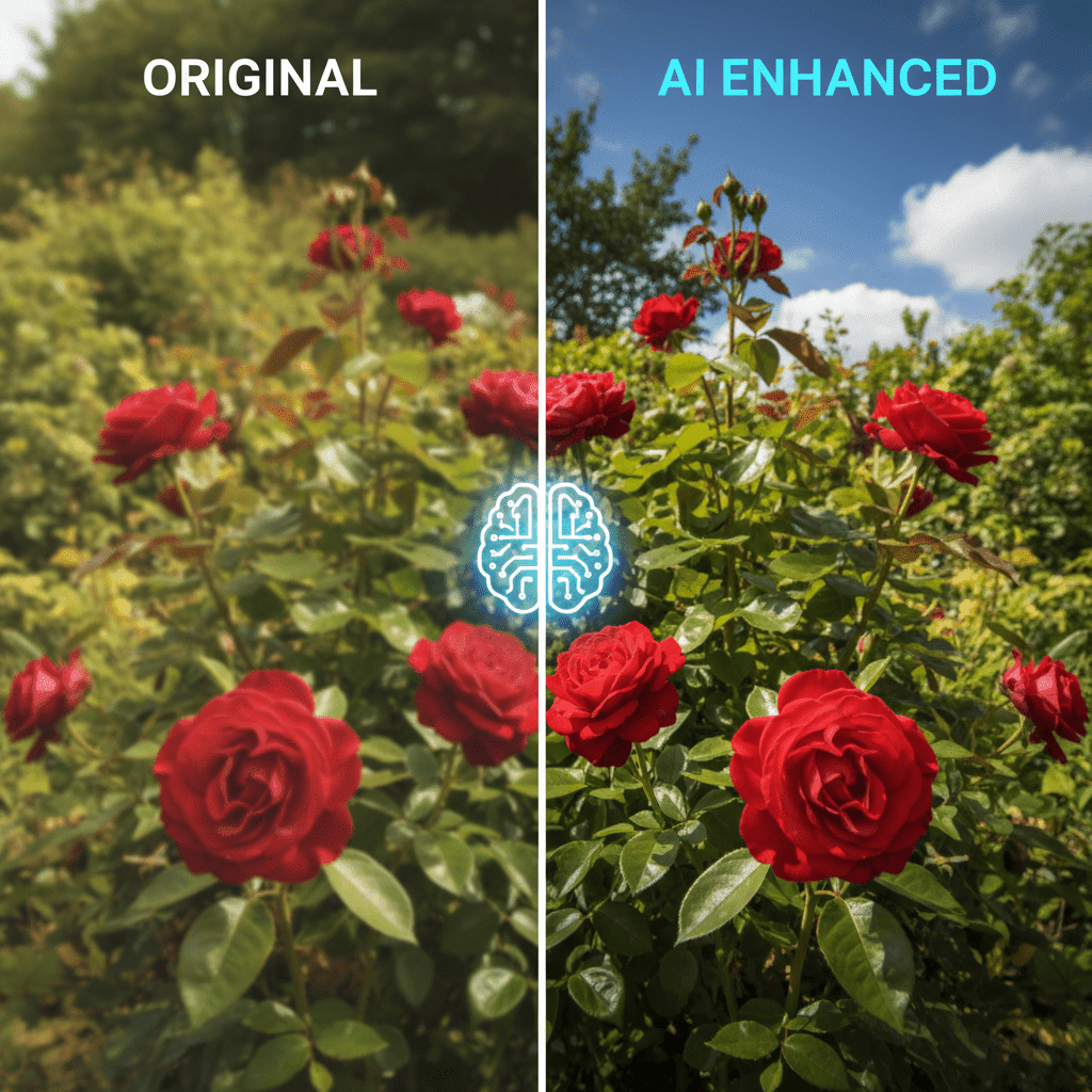 Comparison of normal smartphone photo vs AI camera-enhanced photo showing brighter colors and sharper details.
